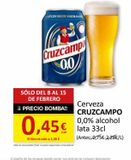 Oferta de CON MEJOR SABOR EN  Cruzcampo 0,0  SÓLO DEL 8 AL 15 DE FEBRERO  ¡¡PRECIO BOMBA!!  0,45€  El litro le sale a 1,36 €  Cerveza CRUZCAMPO 0,0% alcohol lata 33cl (Antes: 0,75€-2,28€/L)  El diseño de los en en SPAR