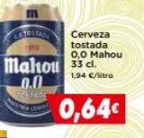 Oferta de Cerveza tostada 0,0 Mahout  Mahou 33 cl 0.0  SO 1400  1,94 €/litro  0,64€  en Supermercados Piedra