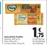 Oferta de Flora  GALLETAS FLORA. Delicias, 200 g (1). fibra, 185 g (2),  y fruta y fibra, 125 g (3).  DELICIAS  Flora FRIDAY FIBRA  € ,75  (1) (8,75€/kg)  (2) (9,46€/kg) (3) (14 €/kg)  en El Corte Inglés
