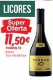 Oferta de LICORES  Super Oferta  11,50€  TORRES 10 Brandy  70 c/16,43€ litro  TIO  TORRES  10  en Supermercados Plaza