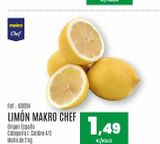 Oferta de Makro Chef  Ref.: 438204  LIMÓN MAKRO CHEF  Origen España Categoria 1. Calibre 4/5 Malla de 2 kg.  1,49  €/KILO  en Makro
