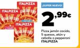 Oferta de Pizza jamón cocido, 5 quesos , atún y cebolla o pepperoni ITALPIZZA por 2,99€ en Supeco