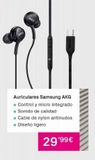 Oferta de AKC  Auriculares Samsung AKG ■ Control y micro integrado Sonido de calidad Cable de nylon antinudos Diseño ligero  29,99€  por 29,99€ en Phone House