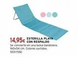 Oferta de ESTERILLA PLAYA  14,95€ CON RESPALDO  Se convierte en una bolsa bandolera. 160x54 cm. Colores surtidos. 555Y592  por 14,95€ en Cadena88