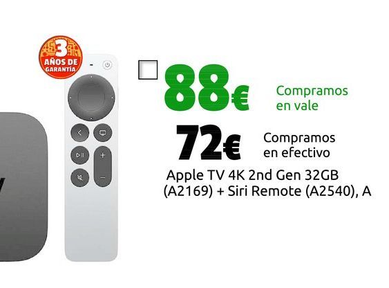 Oferta de Apple TV 4K 2nd Gen 32GB (A2169) + Siri Remote (A2540), A por 72€