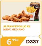 Oferta de 99€  ALITAS DE POLLO X6 MENÚ MEDIANO  Coca-Cola  IRGER ING  D337  por 99€ en Burger King