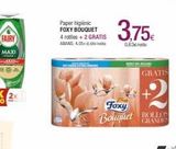 Oferta de FAIRY  MAXI  Paper higiènic FOXY BOUQUET  4 rotiles + 2 GRATIS  ABANS: 4,050  Foxy Bouquet  3.75€  0,63€  GRATIS  +2  GRANDES  en Condis