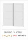 Oferta de ARMARIO 2 PUERTAS  671,20 € -20% 839,00 €  por 671,2€ en Muebles Rey