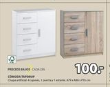 Oferta de FSC  PRECIOS BAJOS CADA DÍA  COMODA TAPDRUP  Chapa artificial, 4 cajones, 1 puerta y 1 estante. A79 x A88 x P35 cm  100.- en JYSK
