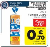 Oferta de Pan de molde Familiar 0% azúcares añadidos BIMBO por 2,35€ en Carrefour