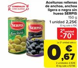 Oferta de Aceitunas rellenas de anchoa, anchoa ligera o negra sin hueso SERPIS por 2,25€ en Carrefour
