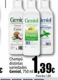 Oferta de Genic Geniol Seniol  Coco  Champú distintas variedades Geniol, 750 ml  Frutas  ,39€  Precio: 1,85€  en UDACO