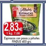 Oferta de Salteados  ESPINACAS  FAST POS  2.83€  1 kg. 7,08  Espinacas con pasas y piñones FINDUS 400 grs.  en Congelados Copos