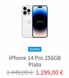 Oferta de NUEVO  iPhone 14 Pro 256GB Plata  1.449,00 € 1.299,00 €  por 1299€ en K-tuin