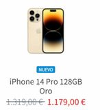 Oferta de NUEVO  iPhone 14 Pro 128GB Oro  1.319,00 € 1.179,00 €  por 1179€ en K-tuin