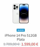 Oferta de NUEVO  iPhone 14 Pro 512GB Plata  1.709,00 € 1.599,00 €  por 1599€ en K-tuin
