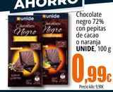 Oferta de Chocolate negro 72% con pepitas de cacao o naranja UNIDE por 0,99€ en Unide Market