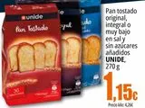 Oferta de Pan tostado original, integral o muy bajo en sal y sin azucares añadidos UNIDE por 1,15€ en Unide Market