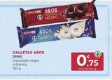 Oferta de SPARK AROS  CHOCOLATE NECRO  SPARK AROS  CHOCOLATE BLANCO  GALLETAS AROS  SPAR,  chocolate negro o blanco, 150 g  150g  150g  0,75  (0,50 €/100 g)   en SPAR Gran Canaria