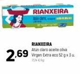 Oferta de 2.69  RIANXEIRA dars, ING  RIANXEIRA Atún claro aceite oliva Virgen Extra eco 52 gx 3u 7724€/kg  en Coviran