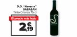 Oferta de D.O. ''Navarra'' SABASÁN Tinto Crianza  por 2,19€ en Carrefour
