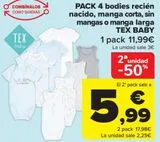 Oferta de PACK 4 bodies recién nacido, manga corta, sin mangas o manga larga TEX BABY por 11,99€ en Carrefour