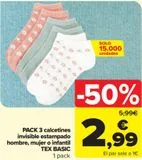 Oferta de PACK 3 Calcetines invisibles estampado hombre, mujer o infantil TEX BASIC  por 2,99€ en Carrefour