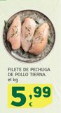 Oferta de Filete de pechuga de pollo tierna por 5,99€ en HiperDino