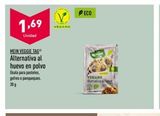 Oferta de 1,69  Unidad  MEIN VEGGIE TAG Alternativa al  huevo en polvo Usala para pasteles, gofres o panqueques.  30 g  VEGAND  ECO  VEGANO Ramabel  en ALDI