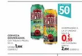 Oferta de CERVEZA DESPERADOS. Con Tequila o Mojito, 50 cl.  Unidad 1,90€  (3,80€/L)  ESPERAN MOJITO ESPERA  TEQUILA  50  ORIGINAL CAVE COME Tiedus  UNIDAD  50  COMPRANDO 2. LA 2¹ UNIDAD SALE A  0,95  Las 2 unid en Hipercor