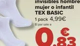 Oferta de Pack 6 calcetines invisibles hombre, mujer o infantil TEX BASIC  por 4,99€ en Carrefour