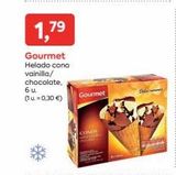 Oferta de 1,79  Gourmet Helado cono vainilla/ chocolate, 6 u. (1u=0,30 €)  CONOS  Gourmet  en Suma Supermercados