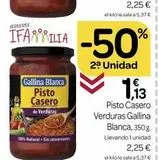 Oferta de EGENS  IFAMILIA  Gallina Blanca  Pisto Casero  de Verduras  100% Natural Sin comm  2,25 €  el blolesale a 5.37€  -50%  2a Unidad  1,13  Pisto Casero Verduras Gallina Blanca, 350 g Llevando 1 unidad  2 en Supermercados El Jamón