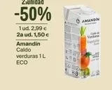 Oferta de 1 ud. 2,99 € 2a ud. 1,50 €  Amandín Caldo verduras 1 L ECO  Cara  Bel  AMANDIN  Code Verduras  Vegetable Bol  MO GRASA  LOW FAT  en Veritas