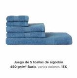 Oferta de Juego de 5 toallas de algodón 450 gr/m² Basic, varios colores, 15€  en El Corte Inglés