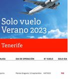 Oferta de Solo vuelo Verano 2023  Tenerife  ************  DIA DE OPERACIÓN  N° VUELO  Martes 8/agosto; 12/septiembre HAT5022  SOLO IDA  95€  por 95€ en Soltour
