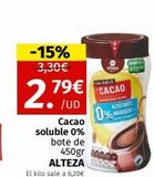 Oferta de -15% 3,30€  2.79  /UD  79€  Cacao  soluble 0% bote de  450gr  ALTEZA  El kilo sale a 6,20€  MALVALE CACAO  AZICARES  ANADIDAS  0%  en Maskom Supermercados