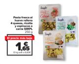 Oferta de Pasta fresca al huevo rellena 4 quesos, ricotta y espinacas o carne SIMPL por 1,65€ en Carrefour