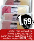 Oferta de Lonchas para sándwich de jam,ón y queso, pechuga de pavo y queso, salchichón y queso o salami y queso UNIDE  por 1,59€ en Unide Supermercados