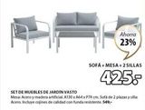 Oferta de Ahorra 23%  SOFA+MESA +2 SILLAS  425:  SET DE MUEBLES DE JARDIN VASTO  Mesa: Acero y madera artificial A130 x A64 x P74 cm. Sofá de 2 plazas y silla: Acero. Incluye cojines de calidad con funda resist en JYSK