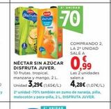 Oferta de Disfruta AV  Nu-a  00%%  w  3 UNIDAD  -70  NÉCTAR SIN AZÚCAR 0,99  DISFRUTA JUVER. 10 frutas. tropical. manzana y mango, 2 L Unidad 3,29€ (165€/L)  COMPRANDO 2. LA 2¹ UNIDAD SALE A  2¹ unidad-70% tamb en Hipercor