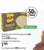 Oferta de ALBO  BONITO  BLID  Comprando 2, la 2¹ unidad sale a  168€  Las 2 unidades salen a 5,03€ (30,64€/kg)  -50%  2 UNIDAD  BAJO EN SAL  Bonito del norte en aceite de oliva bajo en sal ALBO.  Lata de 82 gne en El Corte Inglés