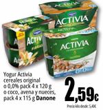 Oferta de Yogur Activia cereales original o 0,0% pack 4 x 120 g o coco, avena y nueces, pack 4 x 115 g Danone por 2,59€ en Unide Supermercados