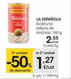 Oferta de LA ESPAÑOLA Aceituna rellena de anchoa 160 g por 2,55€ en Eroski
