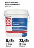 Oferta de Cadena 88  88  Pintura plástica interior  BLANCO MATE  8,45€ 23,45€  4 litros 2,11€/L  15 litros 1,56€/L  4L  por 23,45€ en Cadena88
