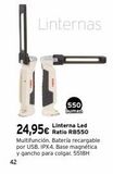 Oferta de Linternas  24,95€  Linterna Led Ratio RB550 Multifunción. Bateria recargable por USB. IPX4. Base magnética y gancho para colgar. 5518H  42  por 24,95€ en Cadena88
