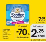 Oferta de SCOTTEX Papel higiénico Mega 9 rollos por 7,49€ en Eroski