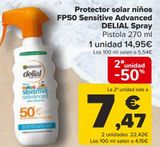 Oferta de Protector solar niños FP50 Sensitive Advanced DELIAL Spray  por 14,95€ en Carrefour