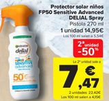 Oferta de Protector solar niños FP50 Sensitive Advanced DELIAL Spray  por 14,95€ en Carrefour