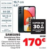 Oferta de SAMSUNG Smartphone libre GALAXY A14 por 170€ en Carrefour